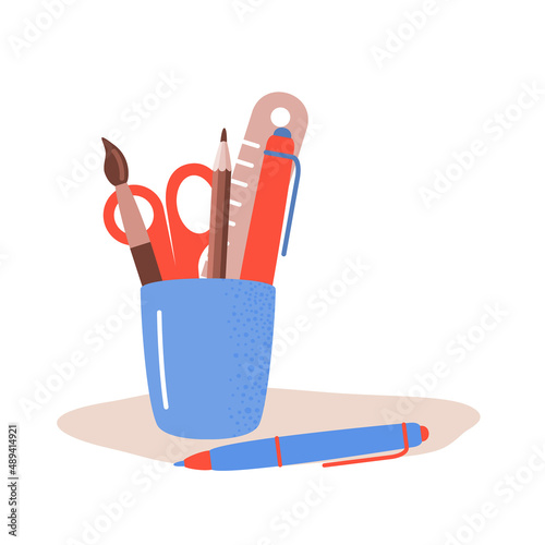Illustration of stationery in a glass - ballpoint pen, scissors, pencils, ruler, paper clips. Flat vector illustration of school set, office supplies.