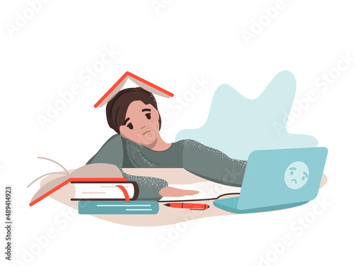 Tired sad boy reading books. Vector illustration on the theme of fatigue from the session, exams, tests and homework on a white background. Self-study, search for answers, procrastination.