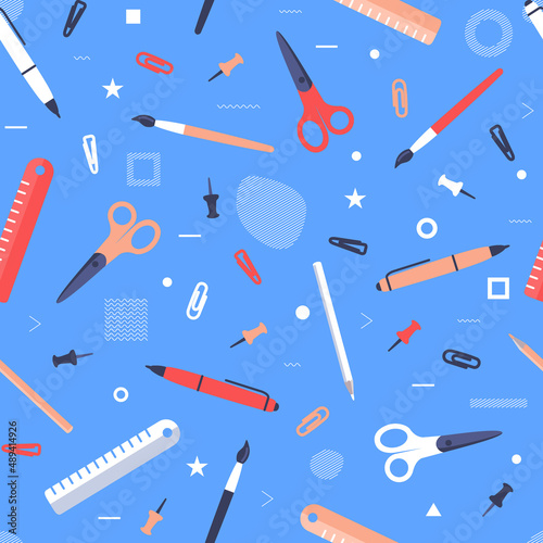 Endless repeating texture with stationery. Flat vector seamless pattern of ballpoint pen, scissors, pencils, paperclips. Cartoon vector illustration.