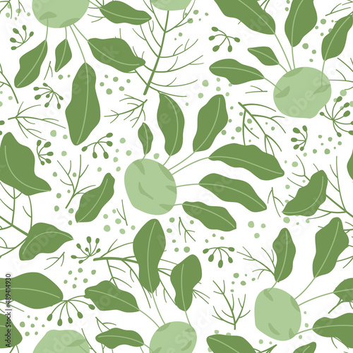 Endless repeating texture with kohlrabi cabbage and spicy herbs. Flat vector seamless pattern of healthy vitamin food. Background on the theme of cooking, farm products, healthy food.