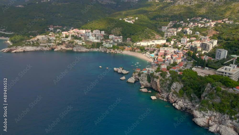 Aerial shot. Slowmotion video of the Przno beach near the city of Budva. Travel to Montenegro concept Aerial shot. Slowmotion video of the Przno beach near the city of Budva. Travel to Montenegro concept