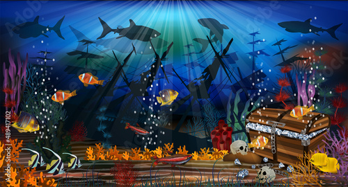 Underwater background sunken ship and treasure chest box. vector illustration	