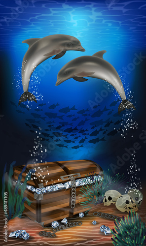 Underwater vip card  with diamonds chest box and dolphins. vector illustration	