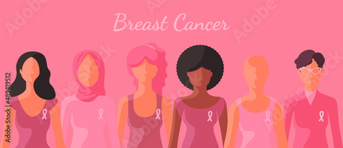 Vector illustration of interracial group of women with pink ribbons are standing together.