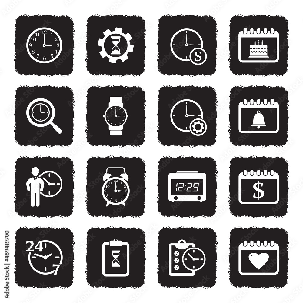 Time and Date Icons. Grunge Black Flat Design. Vector Illustration. Time and Date Icons. Grunge Black Flat Design. Vector Illustration.