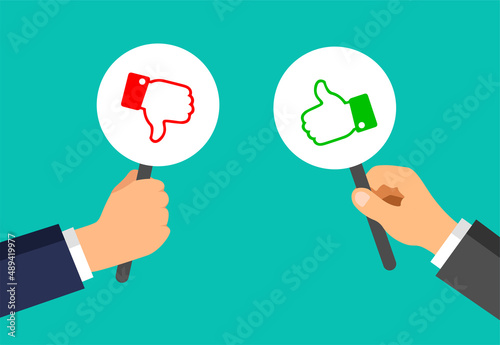 Businessman hands hold plaques with like and dislike gestures. Votes concept. Disagree, agree, feedback. Vector illustration