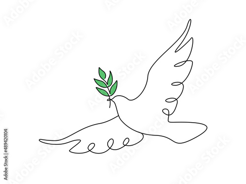 One continuous line drawing of dove of peace flying with green olive twig. Bird and branch symbol of peace and freedom in simple linear style. Pigeon icon. Doodle vector illustration