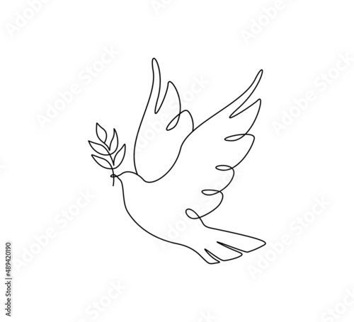 Leinwand Poster One continuous line drawing of dove of peace flying with olive twig
