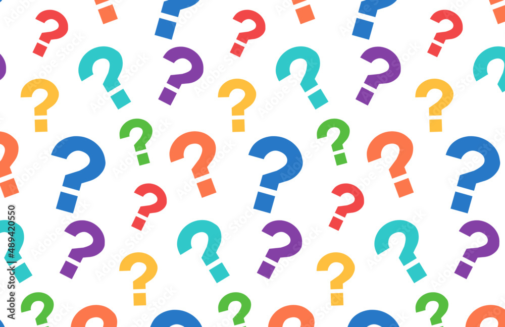 Concept of choice or problem or question or doubt or interrogation. Vector random sign question marks seamless pattern background. Backdrop interrogation. Questionnaire wallpaper. Faq Concept of choice or problem or question or doubt or interrogation. Vector random sign question marks seamless pattern background. Backdrop interrogation. Questionnaire wallpaper. Faq