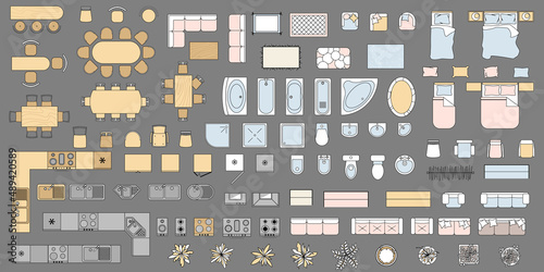 Set of Furniture top view. Colored Objects and elements for interior design of apartment, living room, bedroom, kitchen, bathroom. Kit of isolated icons for blueprint. Vector Illustration. Floor plan