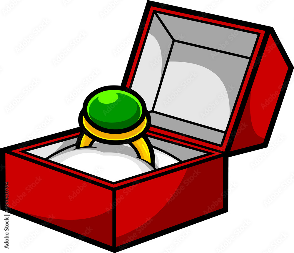 Cartoon Green Diamond Engagement Ring in Box. Vector Hand Drawn