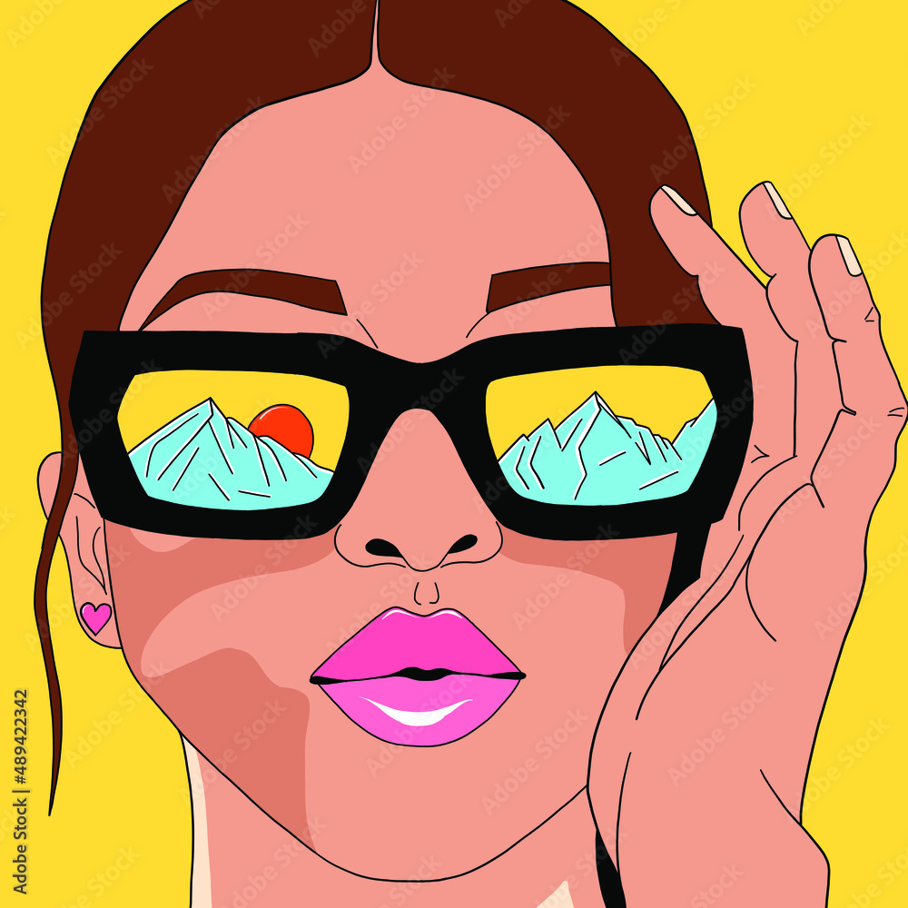 Girl in sunglasses. Reflection of mountains in glasses. Vector illustration Girl in sunglasses. Reflection of mountains in glasses. Vector illustration