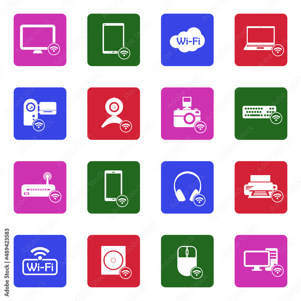 Device Connection Icons. White Flat Design In Square. Vector Illustration.