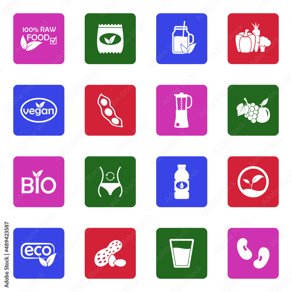 Raw Food Diet Icons. White Flat Design In Square. Vector Illustration. Raw Food Diet Icons. White Flat Design In Square. Vector Illustration.