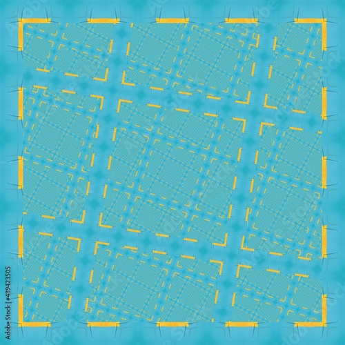 colourful geometric design of twenty five vivid yellow squares arranged on a turquoise background