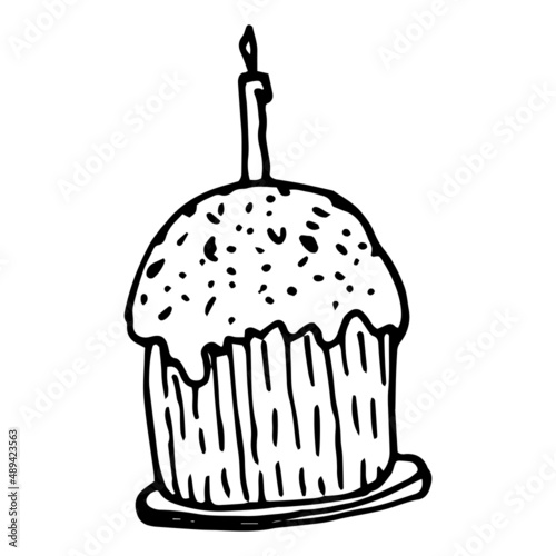 easter cake icon with a burning candle with sprinkles of dots on top, hand-drawn in a doodle style, with a black line on white for a design template Vector isolated illustration of the Easter symbol,