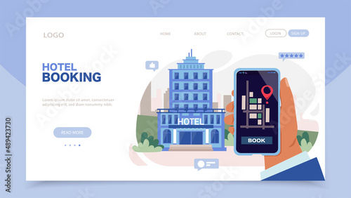 Hotel booking landing page template. Online booking, apartment search and reservation. Concept of online service for early booking. Colorful website vector illustration in modern flat style. 