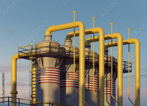 Natural gas tank in gas factory with American flag
