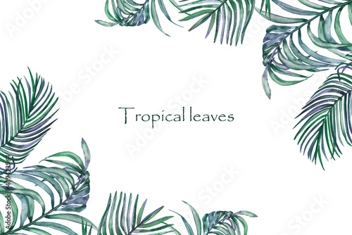 Watercolor hand painted nature tropical frame with green purple palm leaves bouquet composition on the white background for invite and greeting card design with space for text