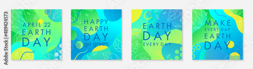 Set of Earth Day posters with green gradient backgrounds liquid shapes linear leaves and geometric elements.Earth Day layouts perfect for prints  flyers covers banners design.Eco concepts.