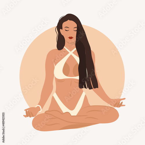 Yoga with a girl. A faceless character doing yoga. Classes, online training, work, home. illustration. Vector. Can be used to create collages in web design