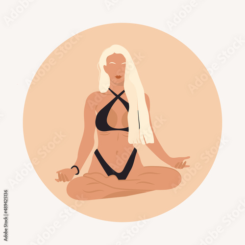 Yoga with a girl. A faceless character doing yoga. Classes, online training, work, home. illustration. Vector. Can be used to create collages in web design