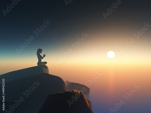3D female in yoga position against sunset ocean