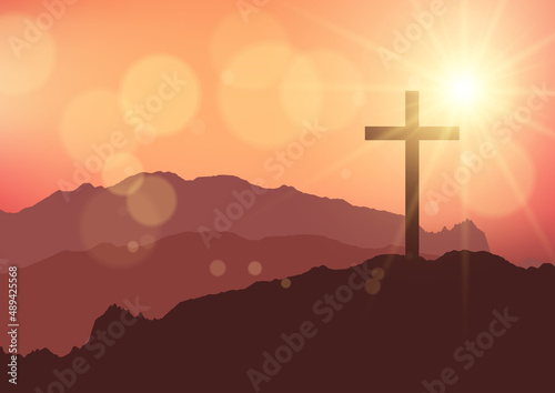 Photo He is risen background with sunset landscape