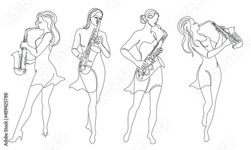 Collection. Silhouette of a beautiful woman playing the saxophone in continuous modern style. Saxophonist girl, slim. Aesthetic decor sketches, posters, stickers, logo. Set of vector illustrations.
