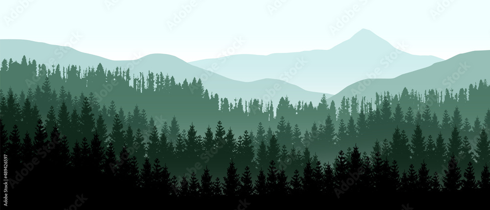 © Jan - Beautiful realistic widescreen vector with dark green forested mountains.