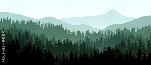 Beautiful realistic widescreen vector with dark green forested mountains.