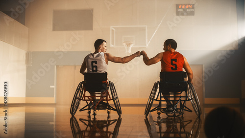 Court for Wheelchair Basketball Game of One on One. Competing Friends Ready to Play do Fist Bump Before Game. Two Professional Players Determined to Win Match. Inspiration of People with Disability