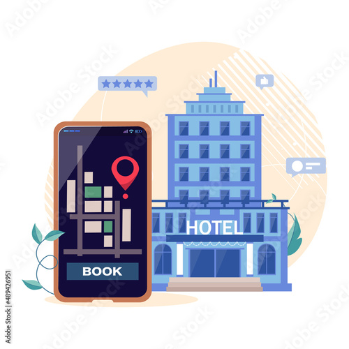 Hotel booking concept. Phone screen with online hotel reservation app, apartment search and reservation. Concept of online service for early booking vector illustration. Rating stars on mobile screen.
