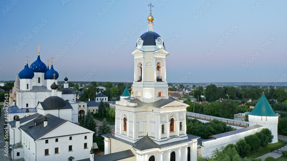 Evening sky over the city, Vysotsky monastery in the evening, Christian churches of Serpukhov, Beautiful summer aerial shots, cities of Russia