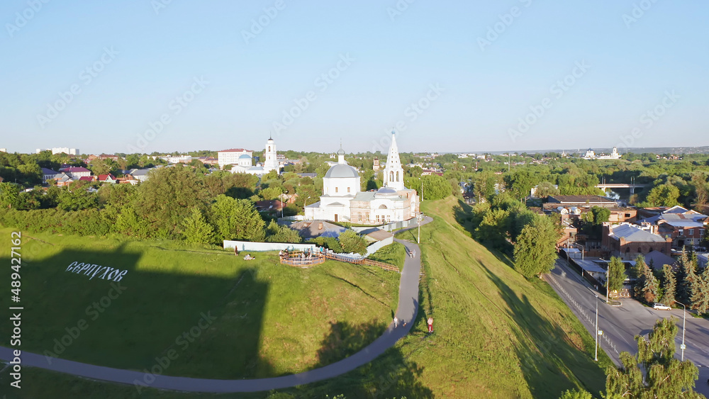 Trinity Cathedral, Christian churches of Serpukhov, Beautiful summer aerial footage, cities of Russia