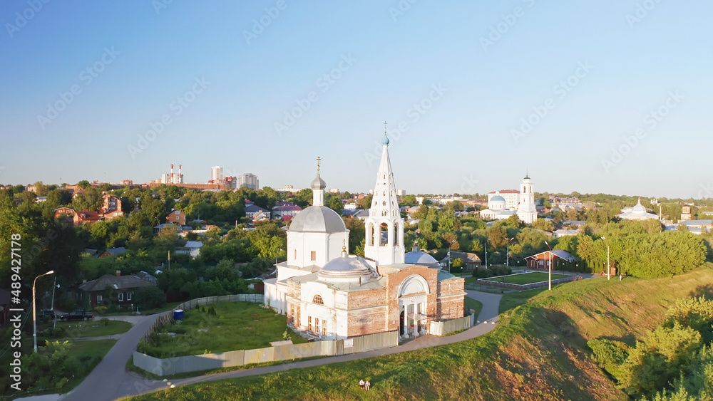 Trinity Cathedral, Christian churches of Serpukhov, Beautiful summer aerial footage, cities of Russia