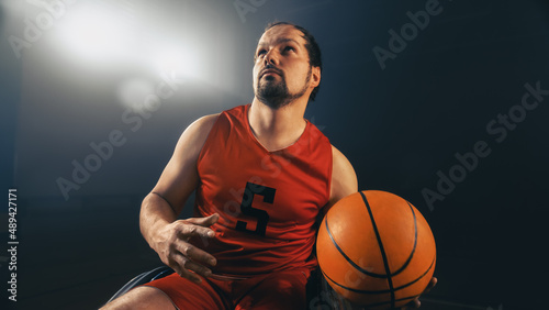 Wheelchair Basketball Play: Player Dribbling Ball, Ready to Shoot it Successfully and Score a Perfect Goal. Skill of a Winning Person with Disability.