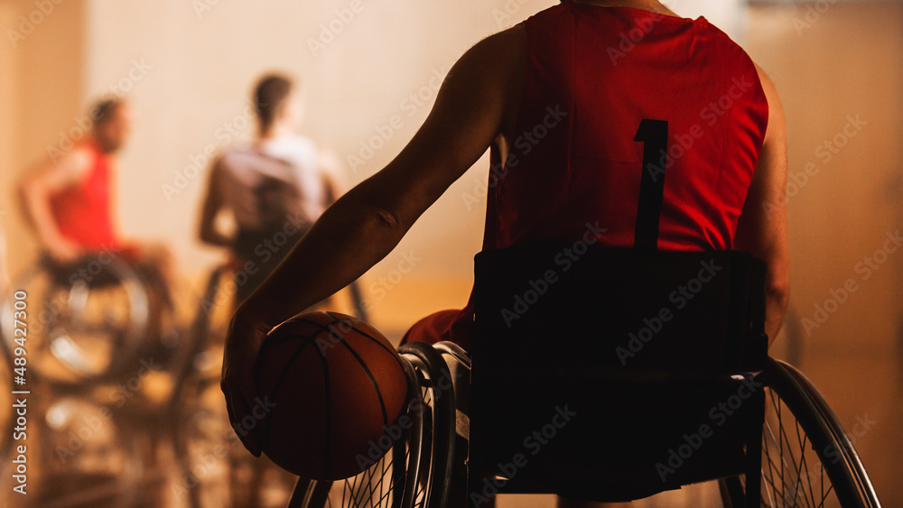 Wheelchair Basketball Game Player Wearing Red Shirt Holding Ball
