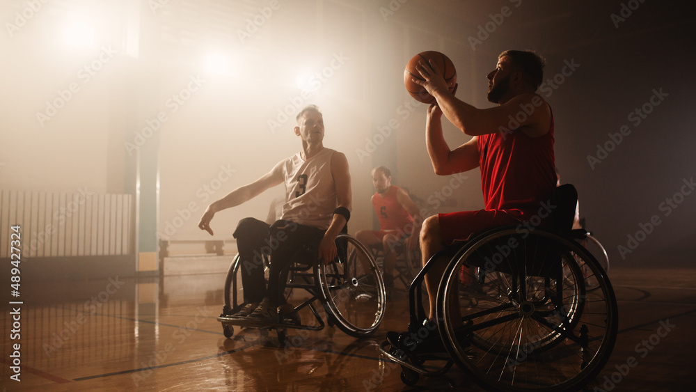 Wheelchair Basketball Game Court Players Competing, Dribbling