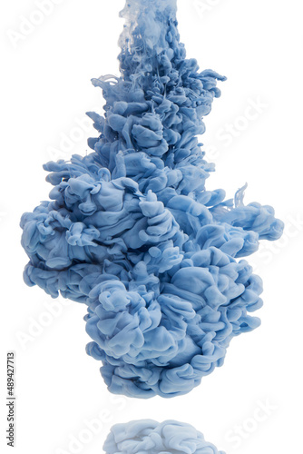 Its a colorful explosion. Studio shot of blue ink in water against a white background.