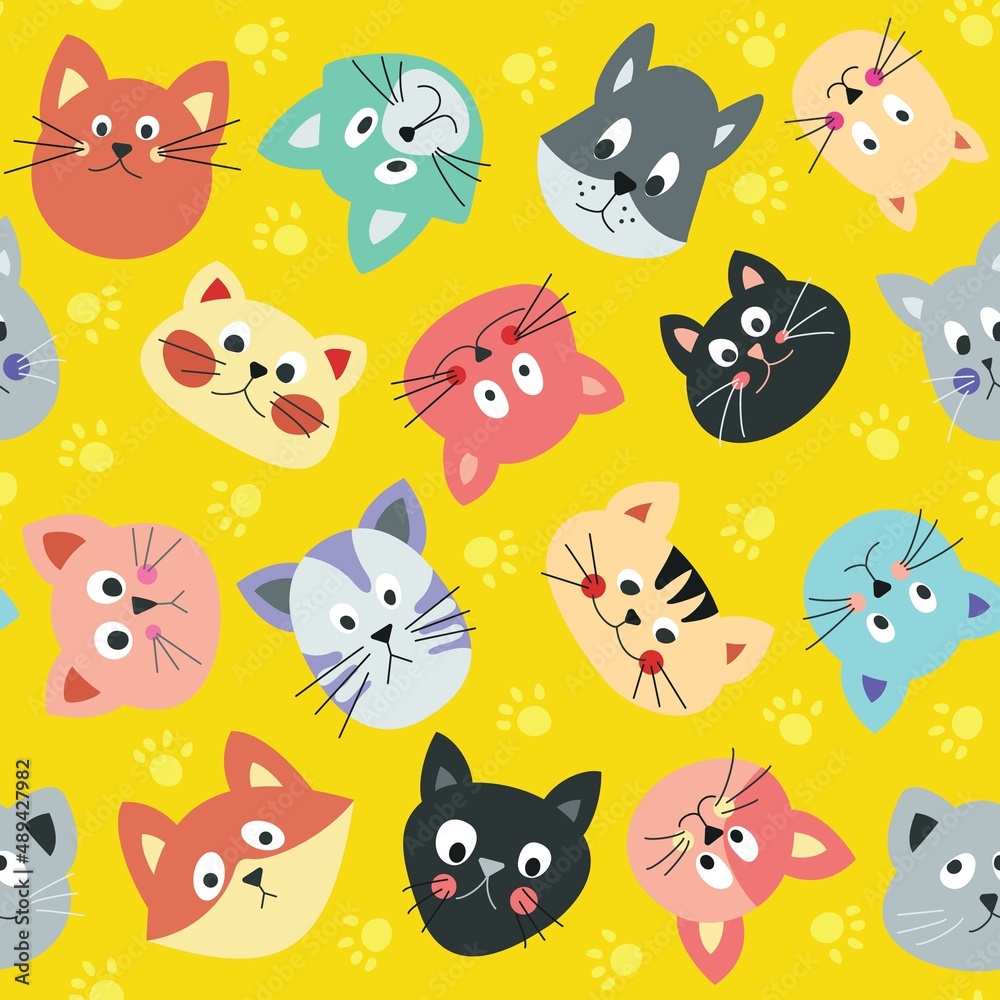 Seamless pattern of beautiful, bright cats on a yellow background. Perfect for wallpapers, gift paper, greeting cards, fabrics, textiles, web designs. Vector illustration. Hand drawn.