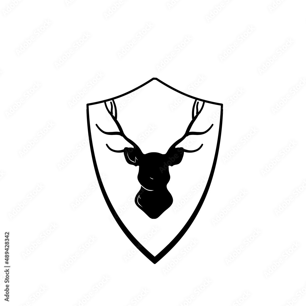 Head of deer on shield. Knight coat of arms with stag. Black silhouette