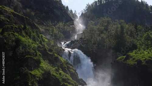 Latefossen Waterfall Odda Norway. Latefoss is a powerful, twin waterfall. photo