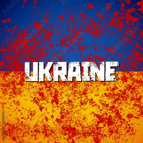 russia and ukraine war conflict concept on bloody background and ukrainan flag.