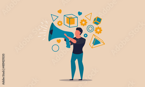 Marketing honest storyteller and brand feedback life. Writer personal story and speech presentation vector illustration concept. People announcement information and share project. Teller communication