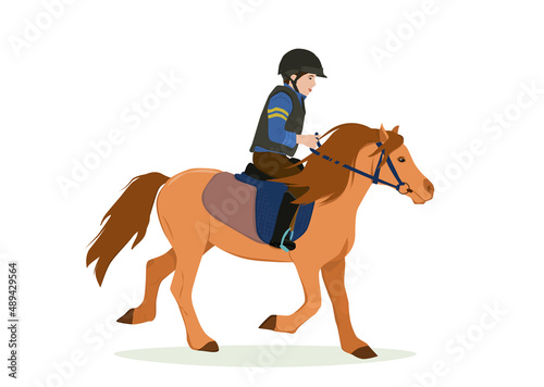 vector illustration on the theme of riding. A boy in a helmet and a protective vest rides a pony. Isolated on a white background