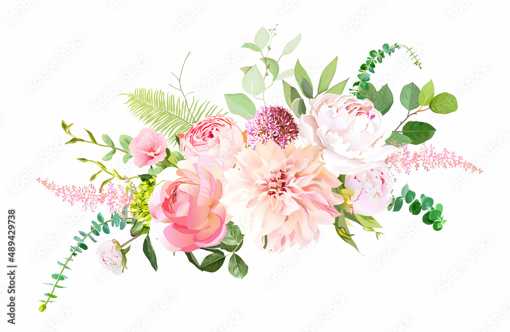 Pink garden roses, ranunculus, peony, allium, dahlia flowers vector design bouquet. - obrazy, fototapety, plakaty 