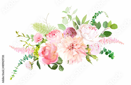 Leinwand Poster Pink garden roses, ranunculus, peony, allium, dahlia flowers vector design bouquet