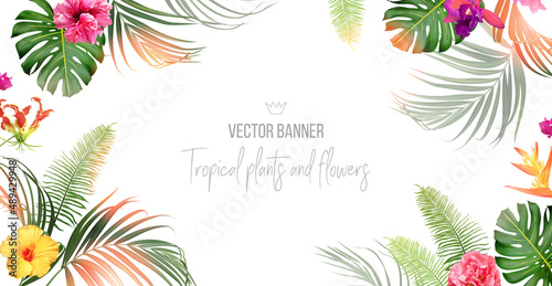 Tropical banner arranged from exotic emerald leaves and exotic flowers