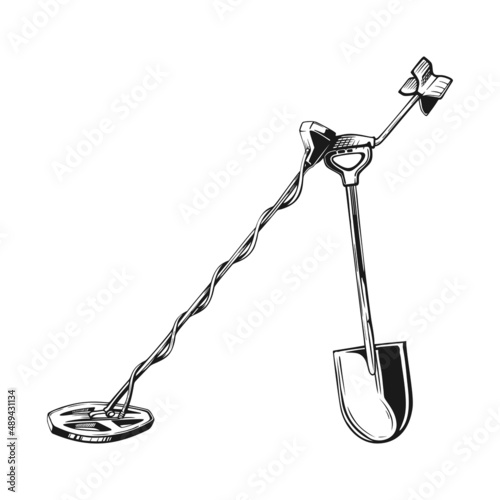 Sign the metal detector and shovel on white background